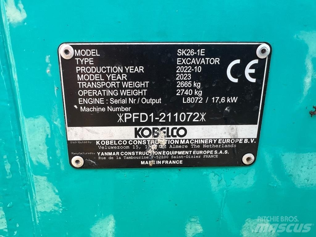 Kobelco SK 26 1E Minigravere <7t