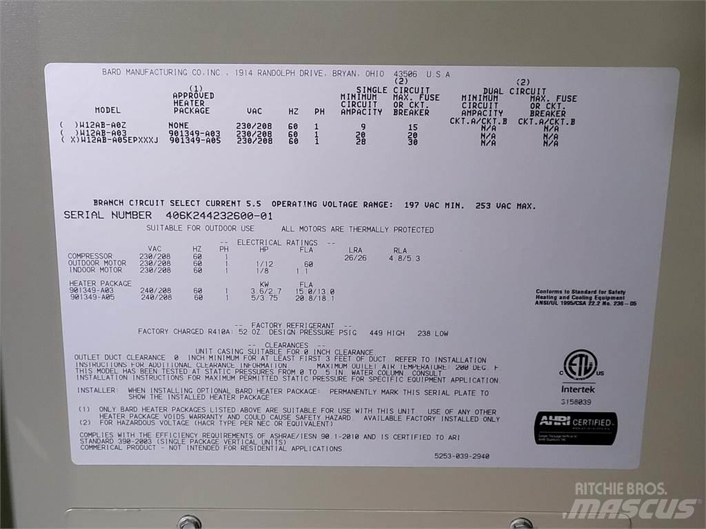  BARD W12AB-A05EPXXXJ Varme og tining utstyr