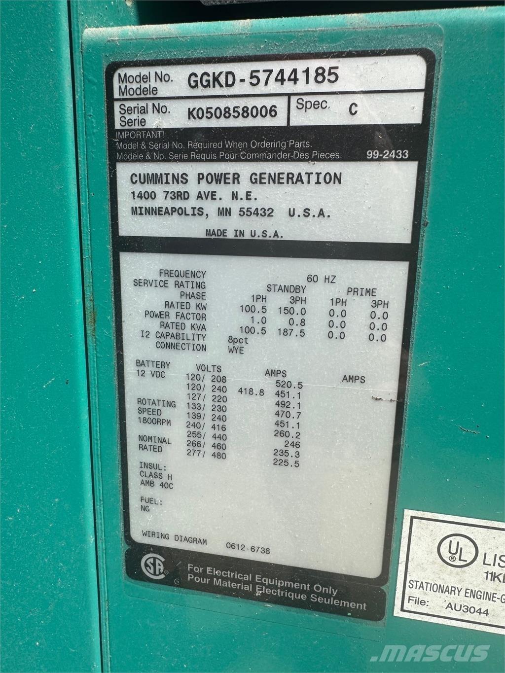 Cummins 150kW Gass Generatorer